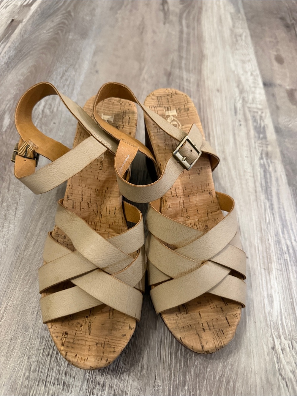 Kork-Ease Beige Crisscross Cork Wedge Sandals